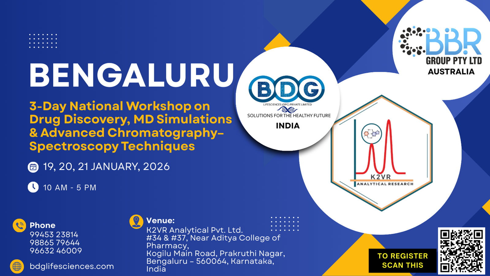BENGALURU | 3-Day National Workshop on Drug Discovery, MD Simulations, Advanced Chromatography & Spectroscopy